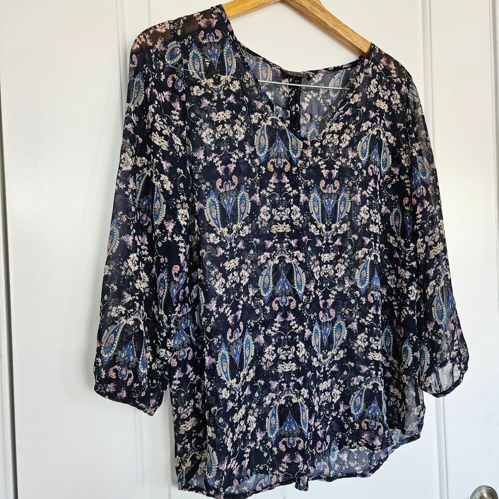 Papermoon Dressy Blouse for Stitch Fix Navy Paisley Sheer Long Sleeve, Med